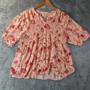 Knox Rose Women's XL Red Pink Ruffled Artsy Button-Down Boho Floral Blouse